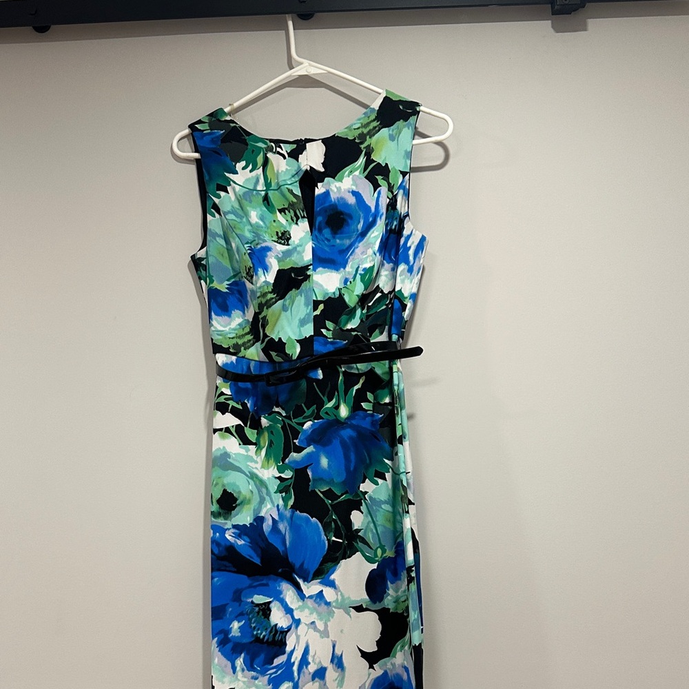 Connected Apparel Blue and Green Floral Midi Dress